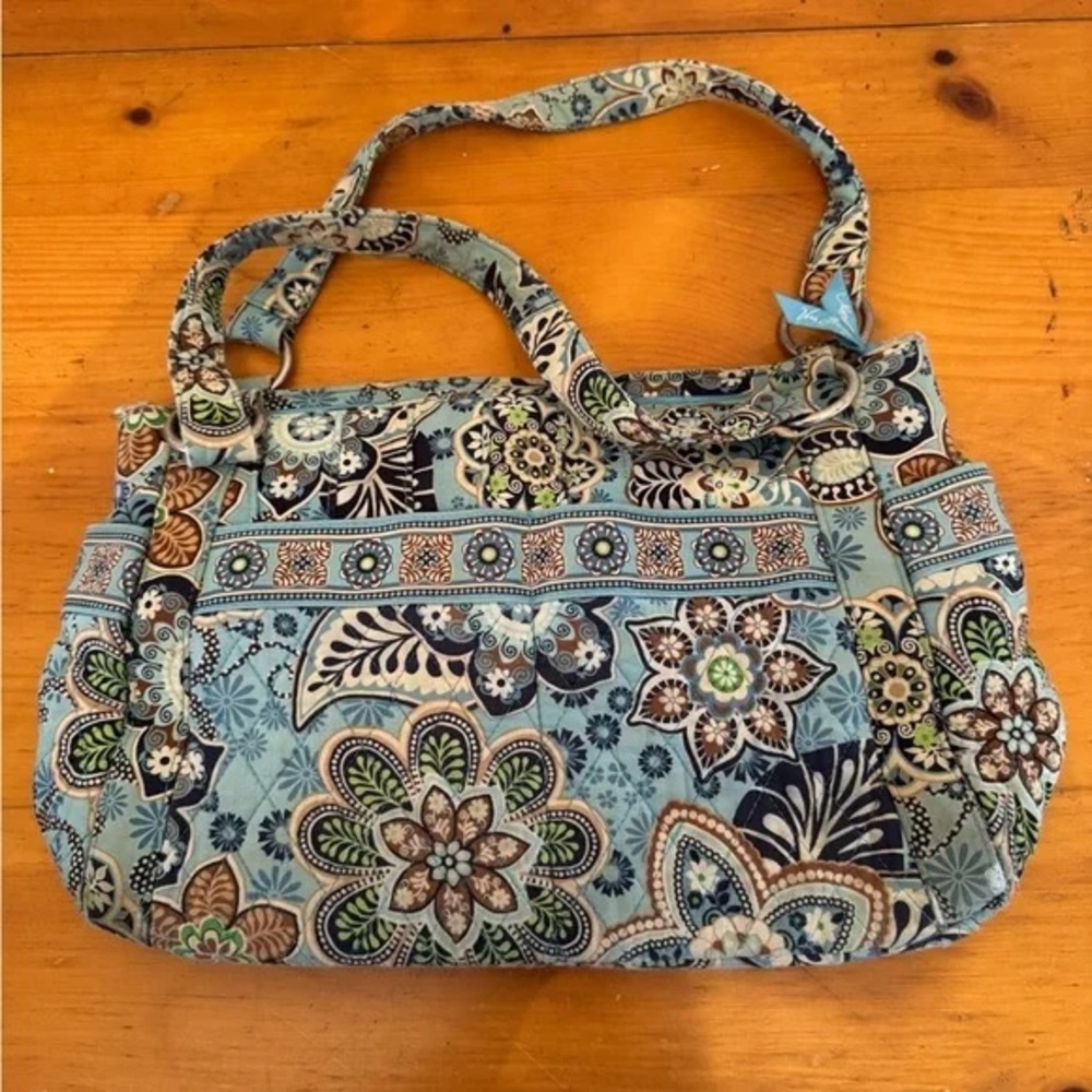 Floral Patterned Shoulder Bag in Blue and Brown